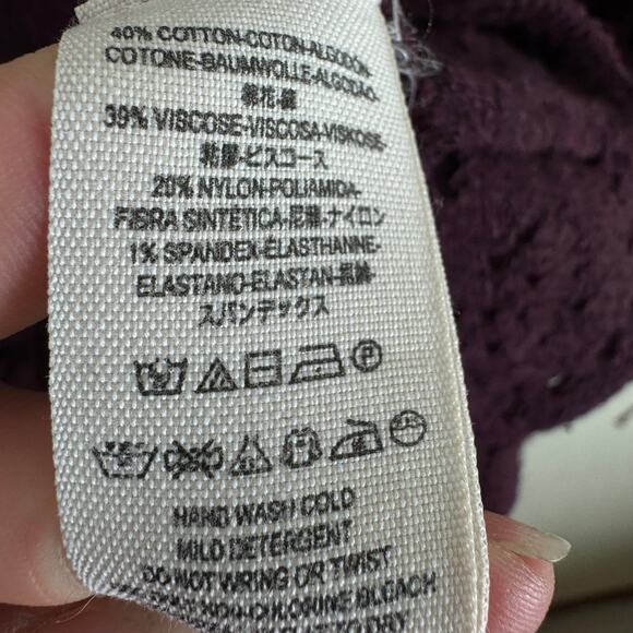 Free People Deep Wine Plum Purple Long Bell Sleeve Open Knit Stretchy Sweater S - Picture 5 of 5